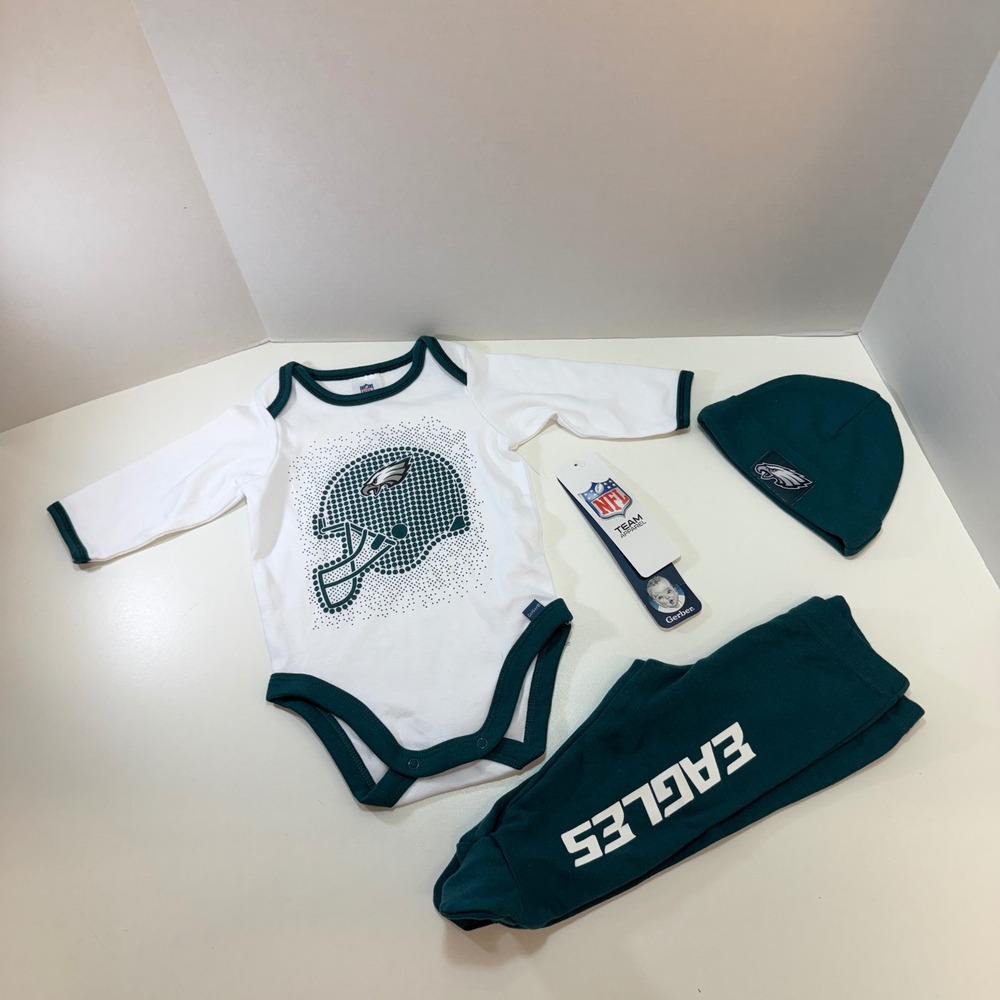 Philadelphia Eagles 3 Piece Set Gerber Kids 0-3M NFL Bodysuit Pants Outfit NEW